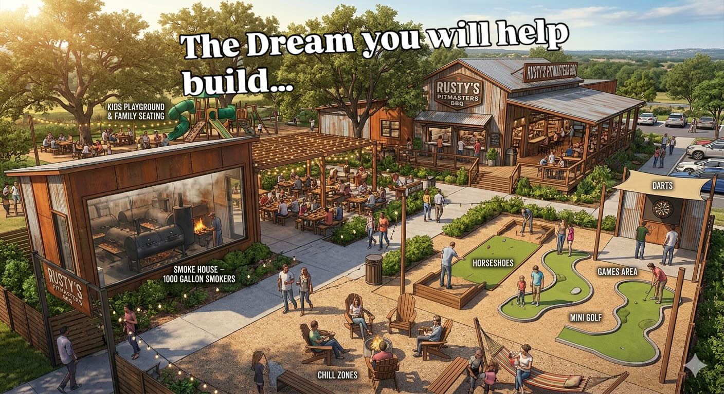 Russell's rendering of the restaurant he dreams of building: a glass smoke house, a playground ringed by picnic tables, a games area, a fire pit and a pergola with string lights